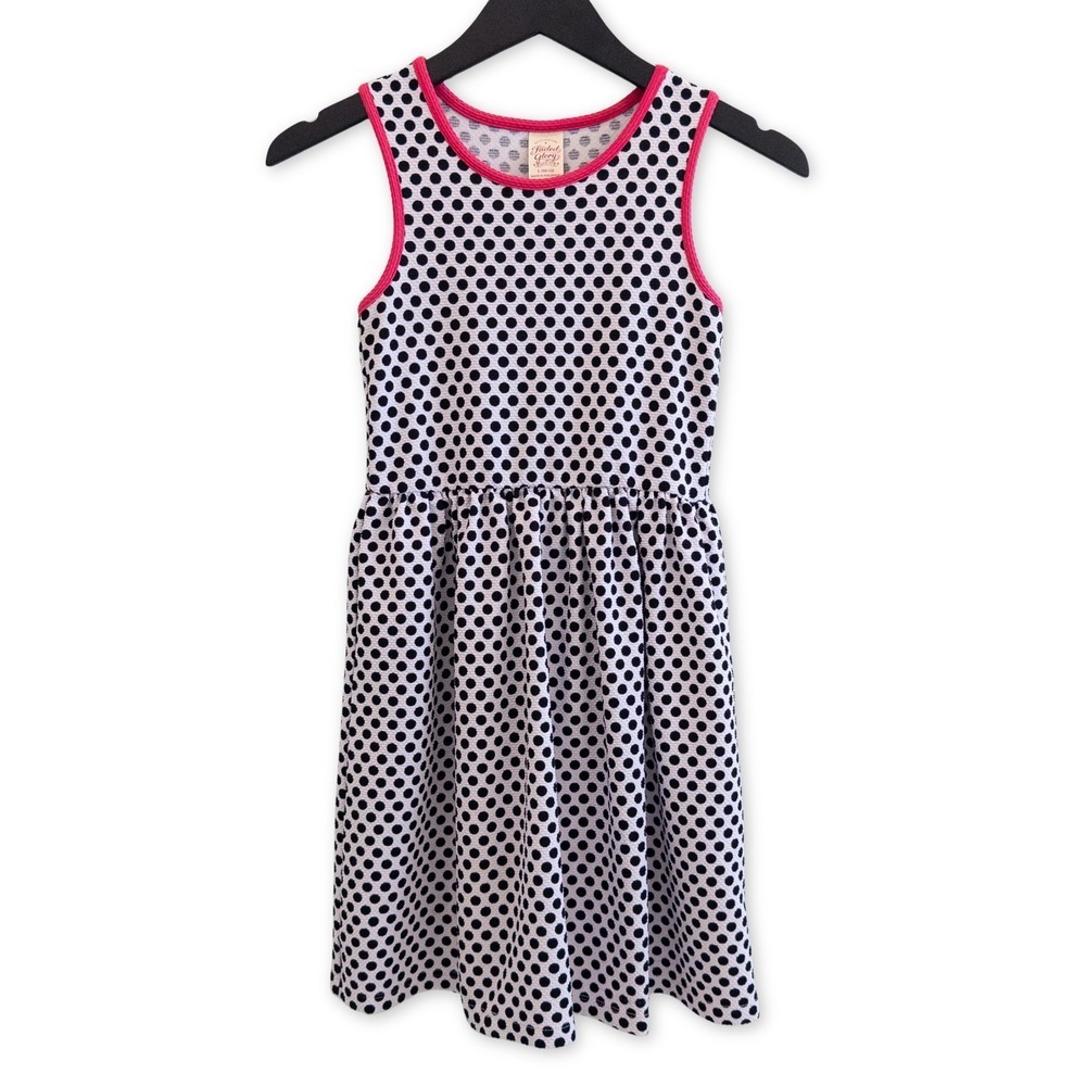 Faded Glory Midi Dress Girls Large Black White Polka Dot Pink Trim Retro Preppy